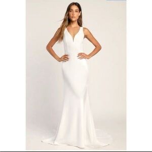 Lulus Long Lasting Love Ivory Lace V-neck Mermaid Wedding Dress S
